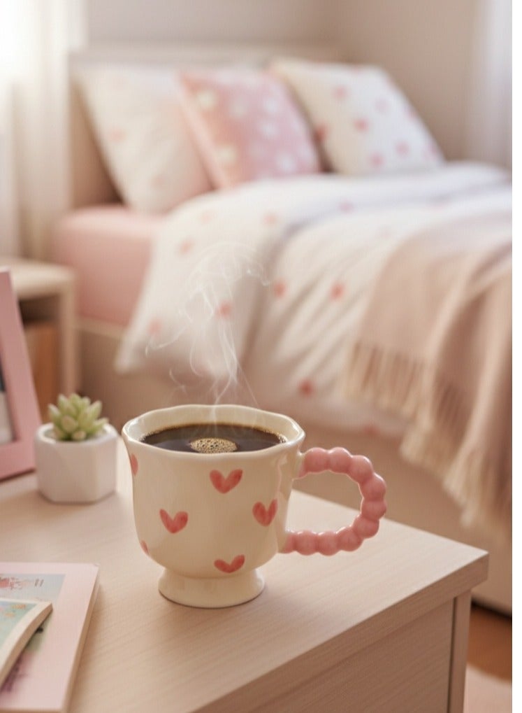 مج سيراميك أنيق بلون كريمي مع نقوش قلوب وردية، سعة 400 مل، تصميم مريح بمقبض عملي للاستخدام اليومي - Image 3